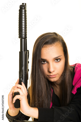woman with gun isolated on white
