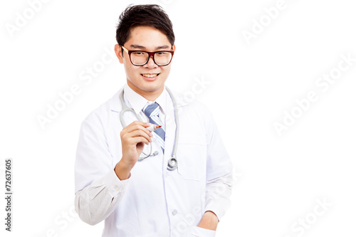 Asian male doctor write in the air with red marker