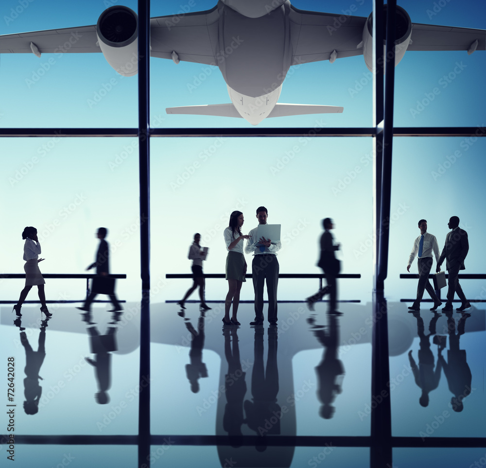 Silhouette Business People with Airplane Concepts Silhouette Business People with Airplane Concepts