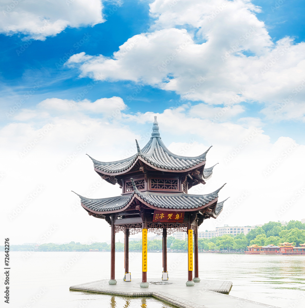 ancient pavilion on the west lake in hangzhou,China ancient pavilion on the west lake in hangzhou,China