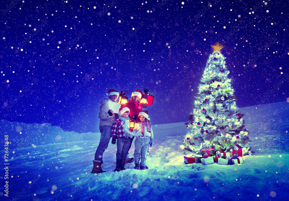 Christmas Tree Family Carol Snow Concept Christmas Tree Family Carol Snow Concept