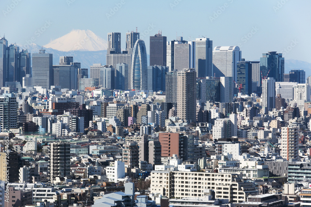 Fototapeta premium 富士山と新宿高層ビル群と密集した都心の街並