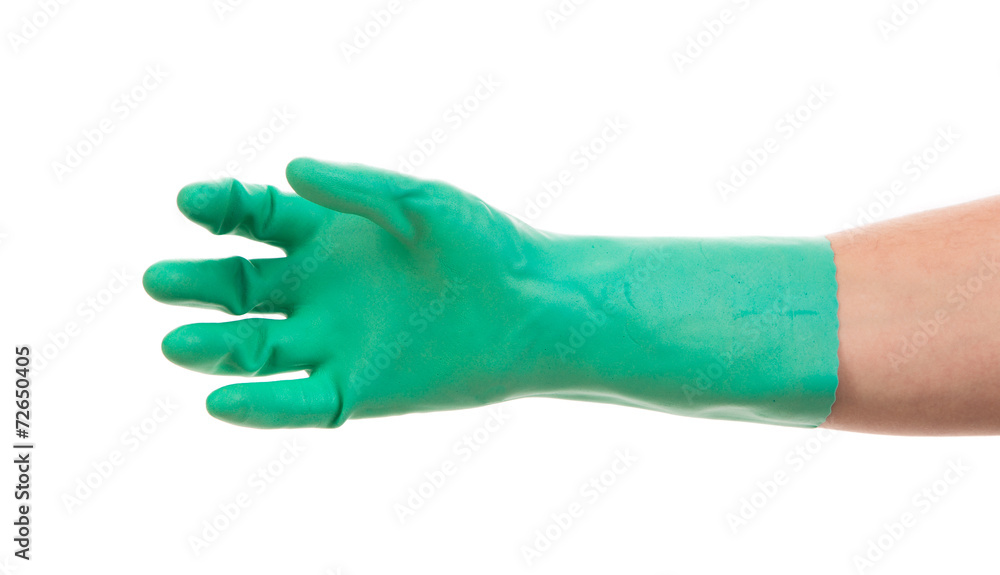 Hand in green glove.