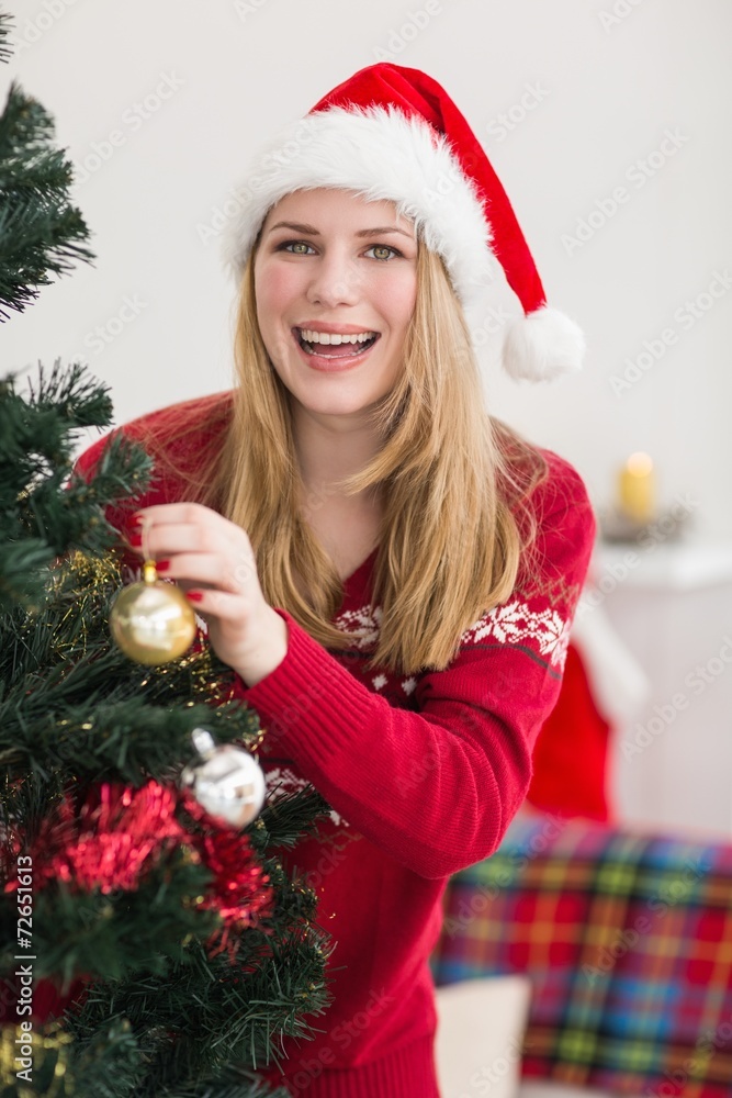 Smiling woman hanging christmas decorations on tree Smiling woman hanging christmas decorations on tree