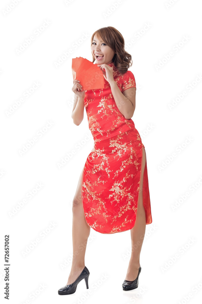 Chinese woman dress cheongsam and hold red envelope Chinese woman dress cheongsam and hold red envelope