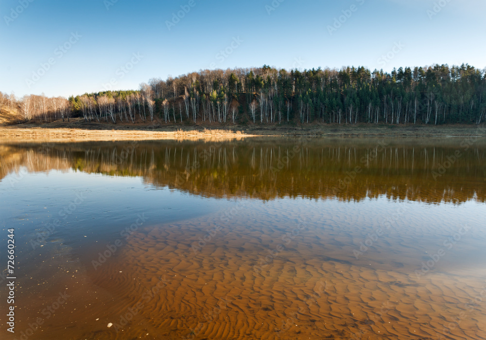 autumn trees reflected in the water of  lake