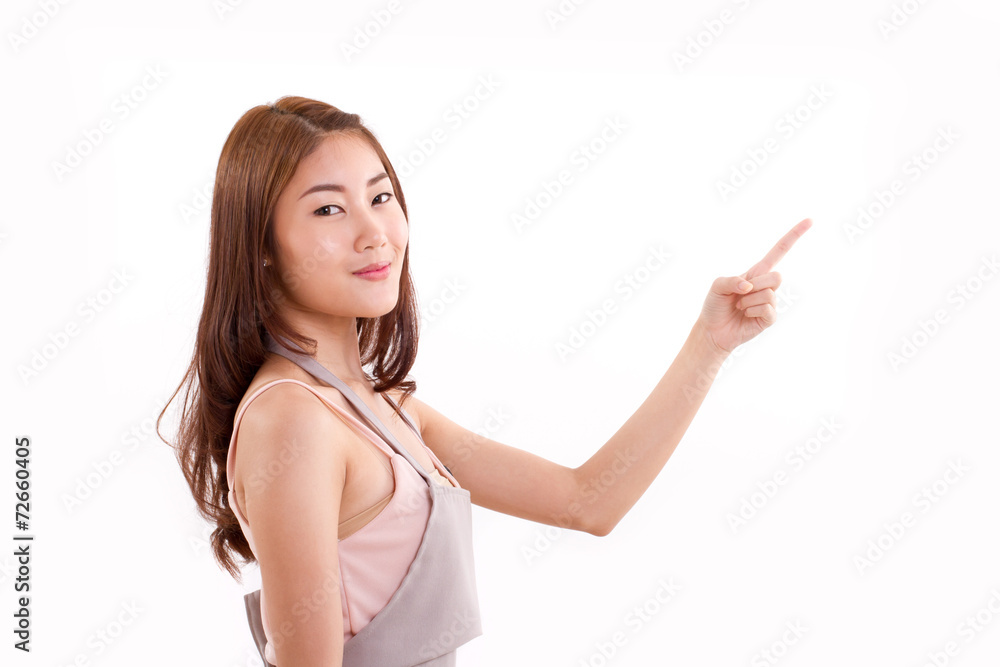 cooking woman pointing at blank space cooking woman pointing at blank space
