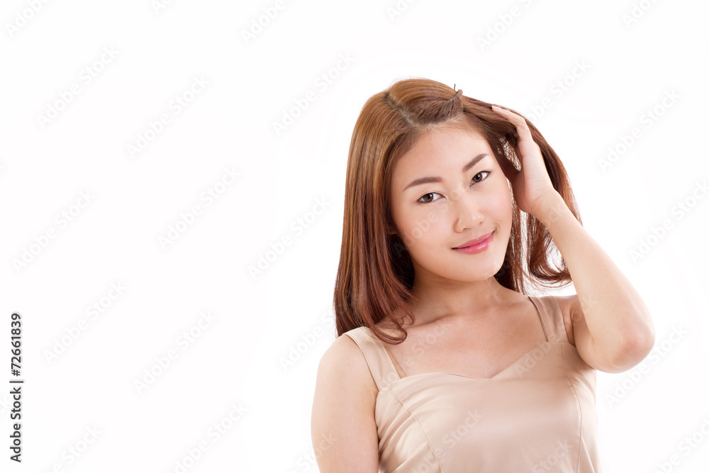 beautiful, happy, smiling woman pushing back her hair beautiful, happy, smiling woman pushing back her hair
