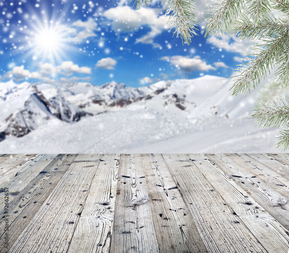 Winter background with wooden table Winter background with wooden table