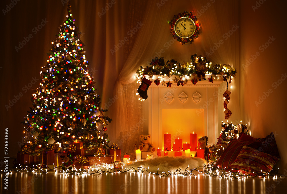 Christmas Room Interior Design, Xmas Tree Decorated By Lights - obrazy, fototapety, plakaty 