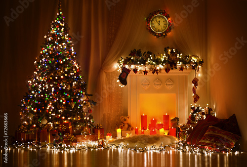 Christmas Room Interior Design  Xmas Tree Decorated By Lights