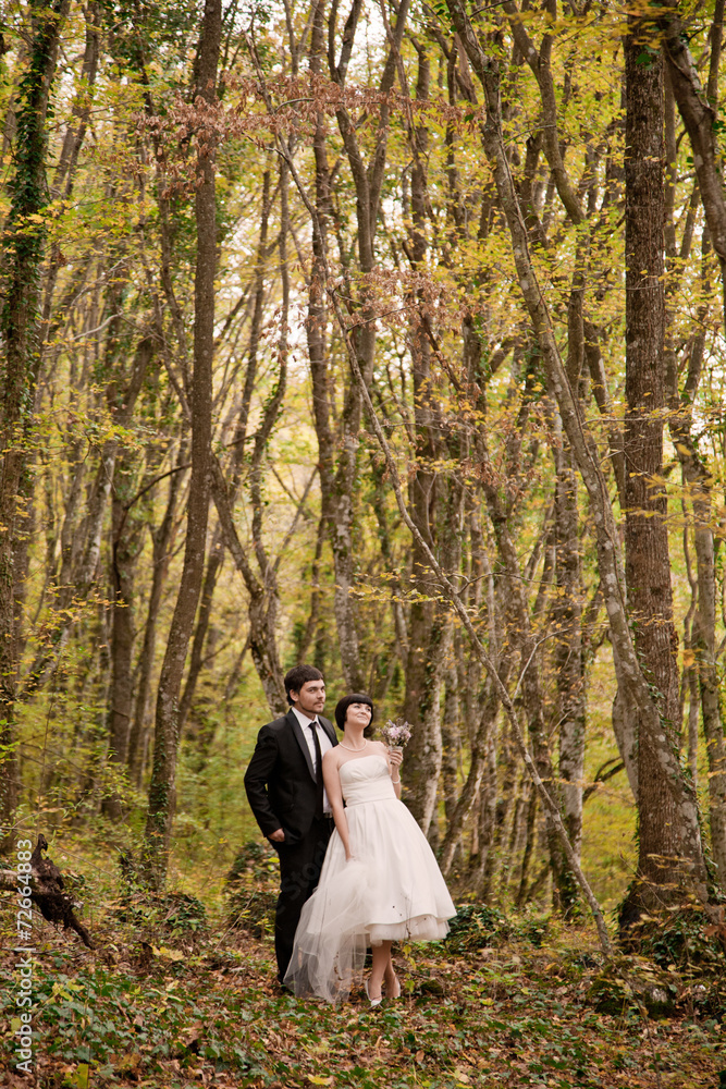 happy bride and groom walking in the autumn forest happy bride and groom walking in the autumn forest