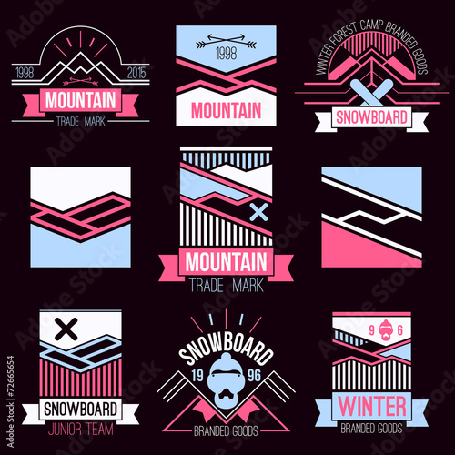Snowboard and mountains emblems