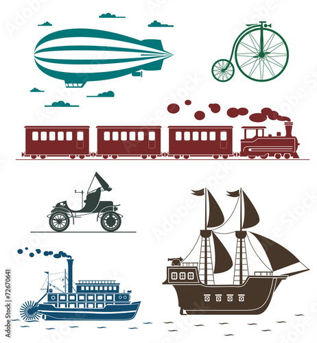 Vector icons of vintage means of transportation.