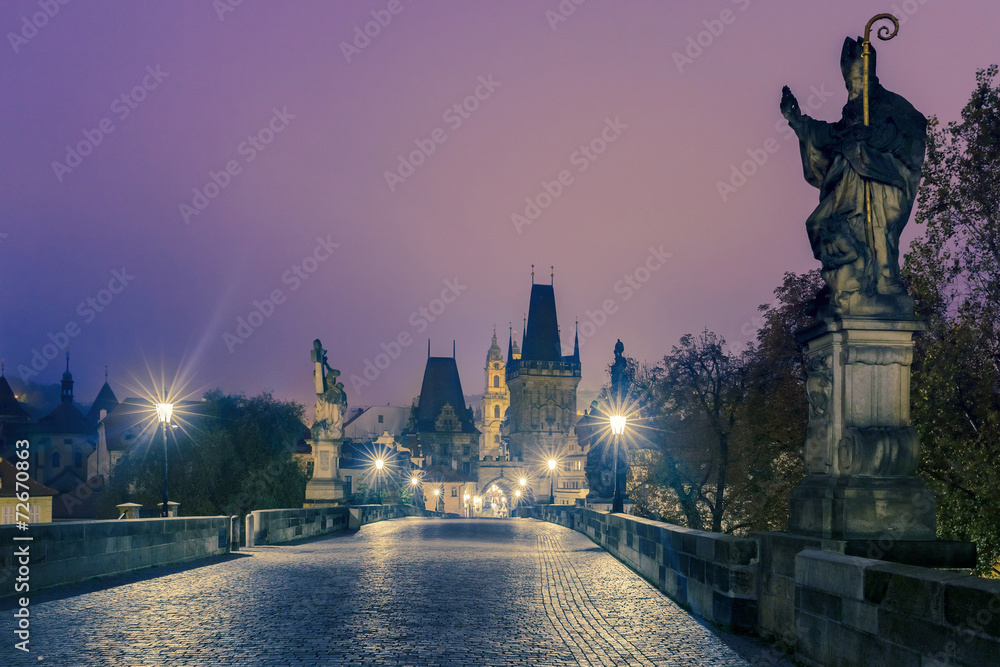 Fototapeta premium Charles Bridge in Prague (Czech Republic) at night lighting