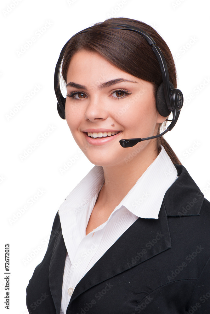 Smiling young business woman with headphones Smiling young business woman with headphones