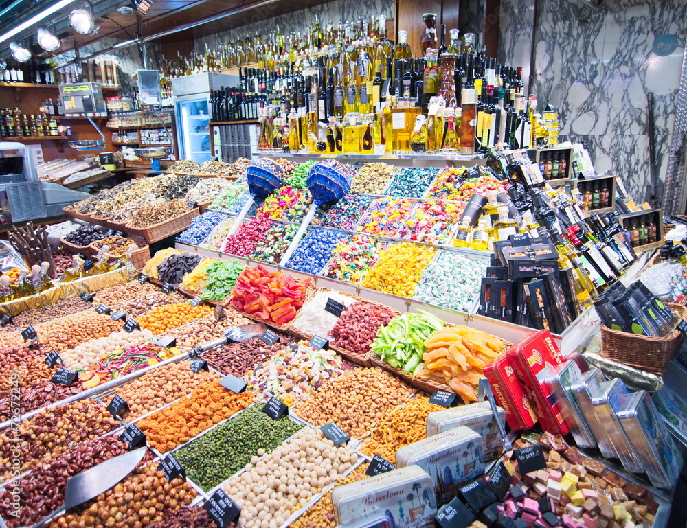 Colorful candy and drinks in the Barcelona La Boqueria Market