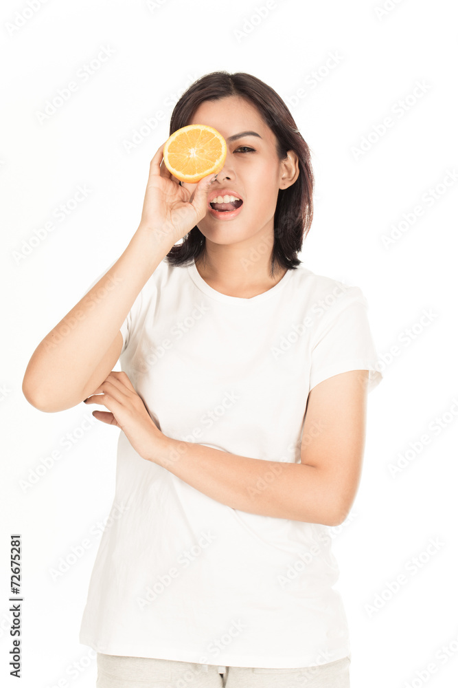 Young woman holding fresh oranges. Healthy eating. Isolated over Young woman holding fresh oranges. Healthy eating. Isolated over