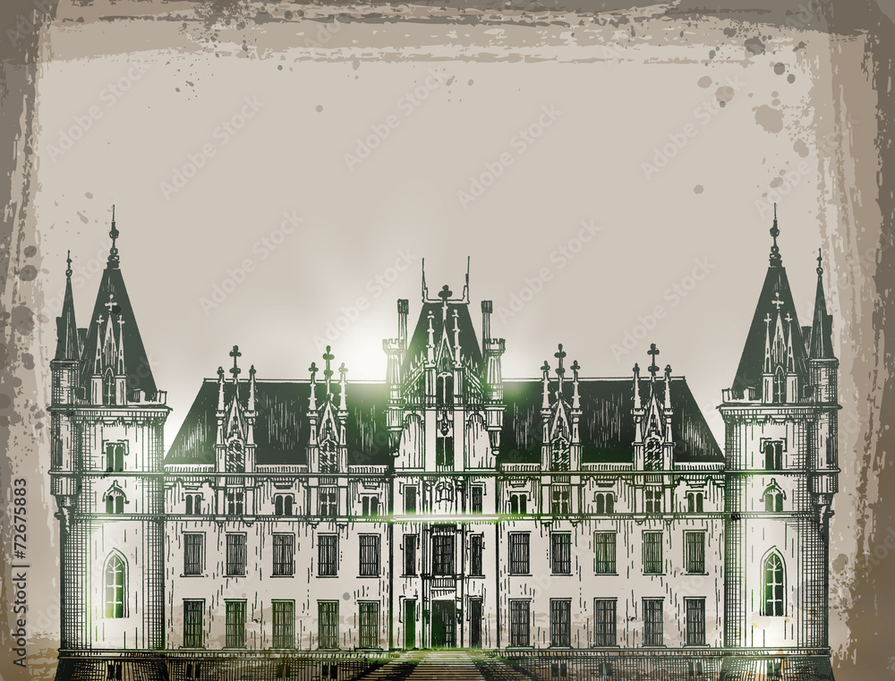 chateau, France.  Hand drawn pencil sketch vector illustration