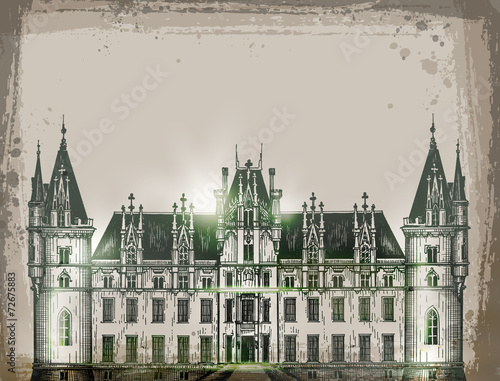 chateau, France.  Hand drawn pencil sketch vector illustration