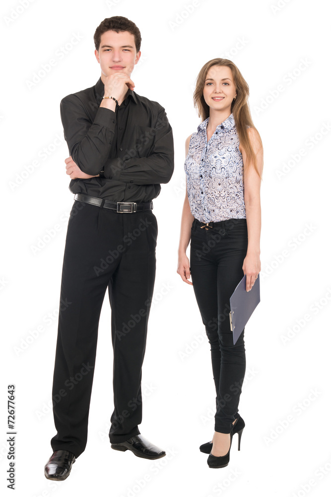 A portrait of a businesswoman and a businessman standing in full A portrait of a businesswoman and a businessman standing in full