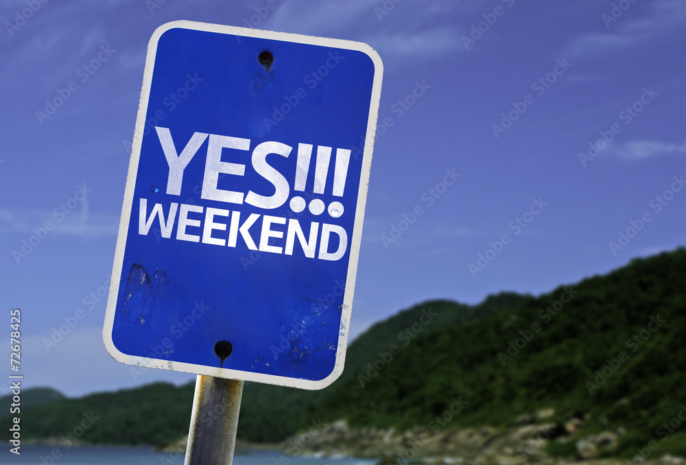 Yes!!! Weekend sign with a beach on background Yes!!! Weekend sign with a beach on background