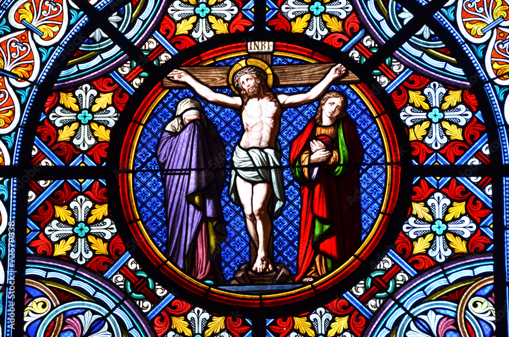 BASEL, SWITZERLAND - November 3, 2014: Nativity Scene. Stained g BASEL, SWITZERLAND - November 3, 2014: Nativity Scene. Stained g