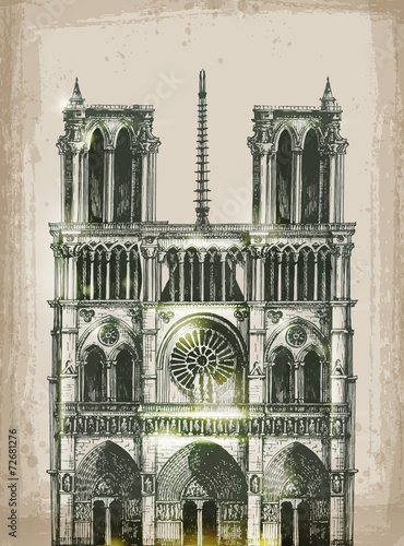 Cathedral of Notre Dame de Paris, France. Hand Drawn
