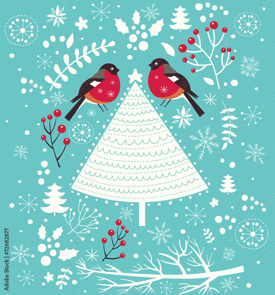 Christmas vector illustration with Christmas Tree - obrazy, fototapety, plakaty 
