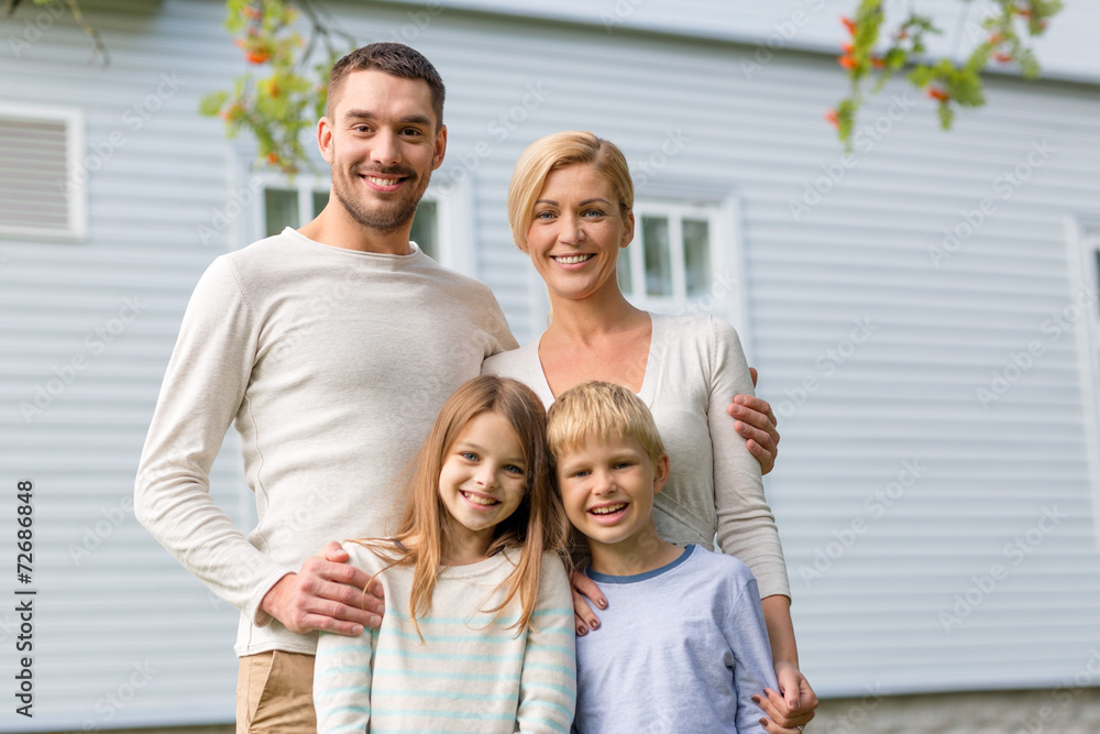 happy family in front of house outdoors happy family in front of house outdoors