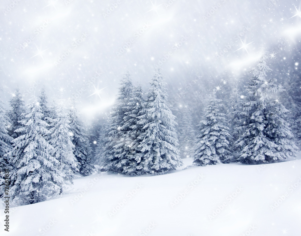 Naklejka premium Christmas background with snowy fir trees