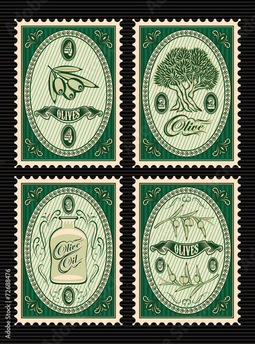 set of vector postage stamps with olives, olive tree, oil