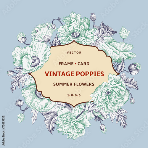 Fototapeta Naklejka Na Ścianę i Meble -  Vintage floral frame with mint  poppies