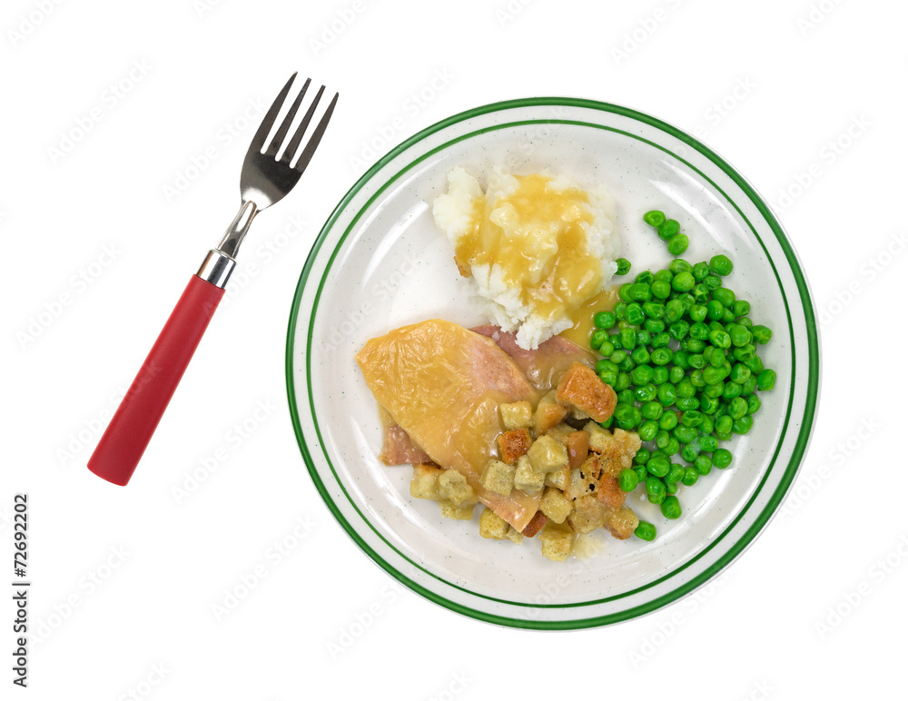 Sliced turkey TV dinner on plate with fork Sliced turkey TV dinner on plate with fork