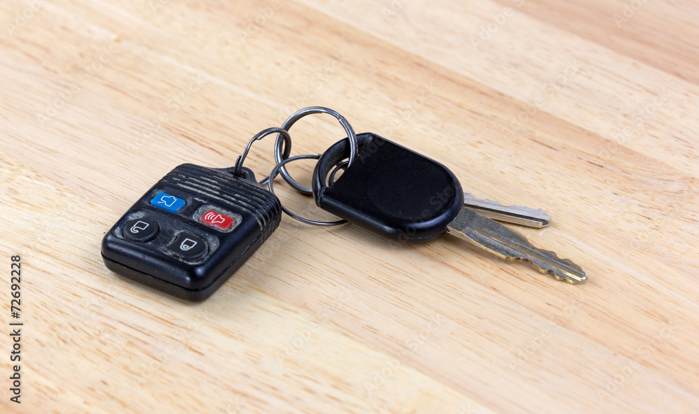 Car keys on wood countertop Car keys on wood countertop