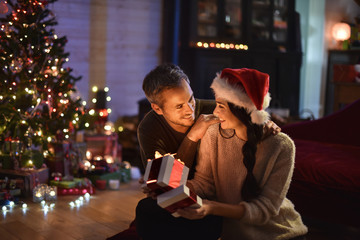 portrait of a young couple in their living room at christmas eve