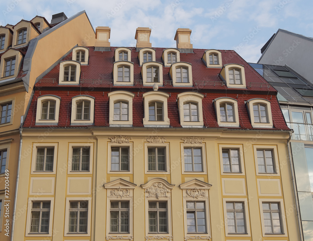 Vintage house facades on Neumarkt Square, Dresden Germany