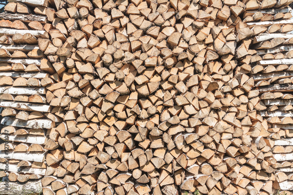 Stack of split birch firewood during drying