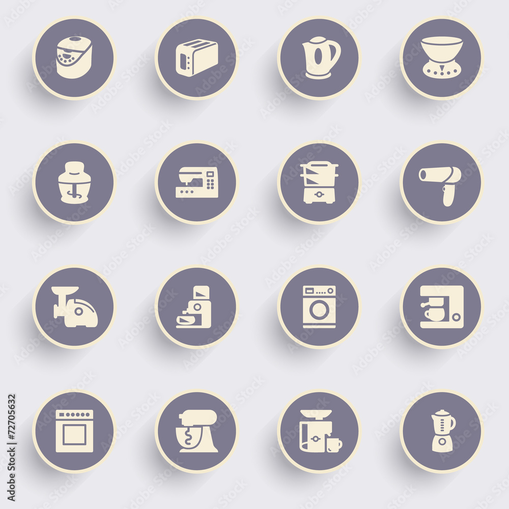 Home appliances icons with white buttons on gray background. Home appliances icons with white buttons on gray background.