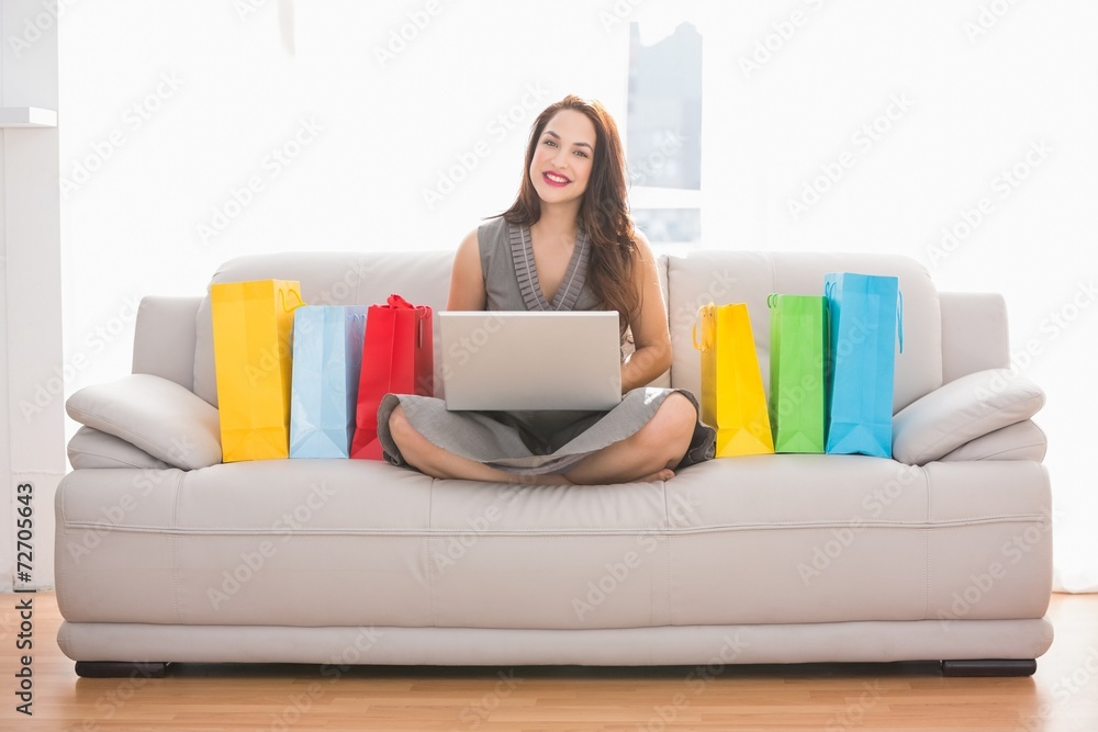 Smiling brunette shopping online with laptop on the couch Smiling brunette shopping online with laptop on the couch