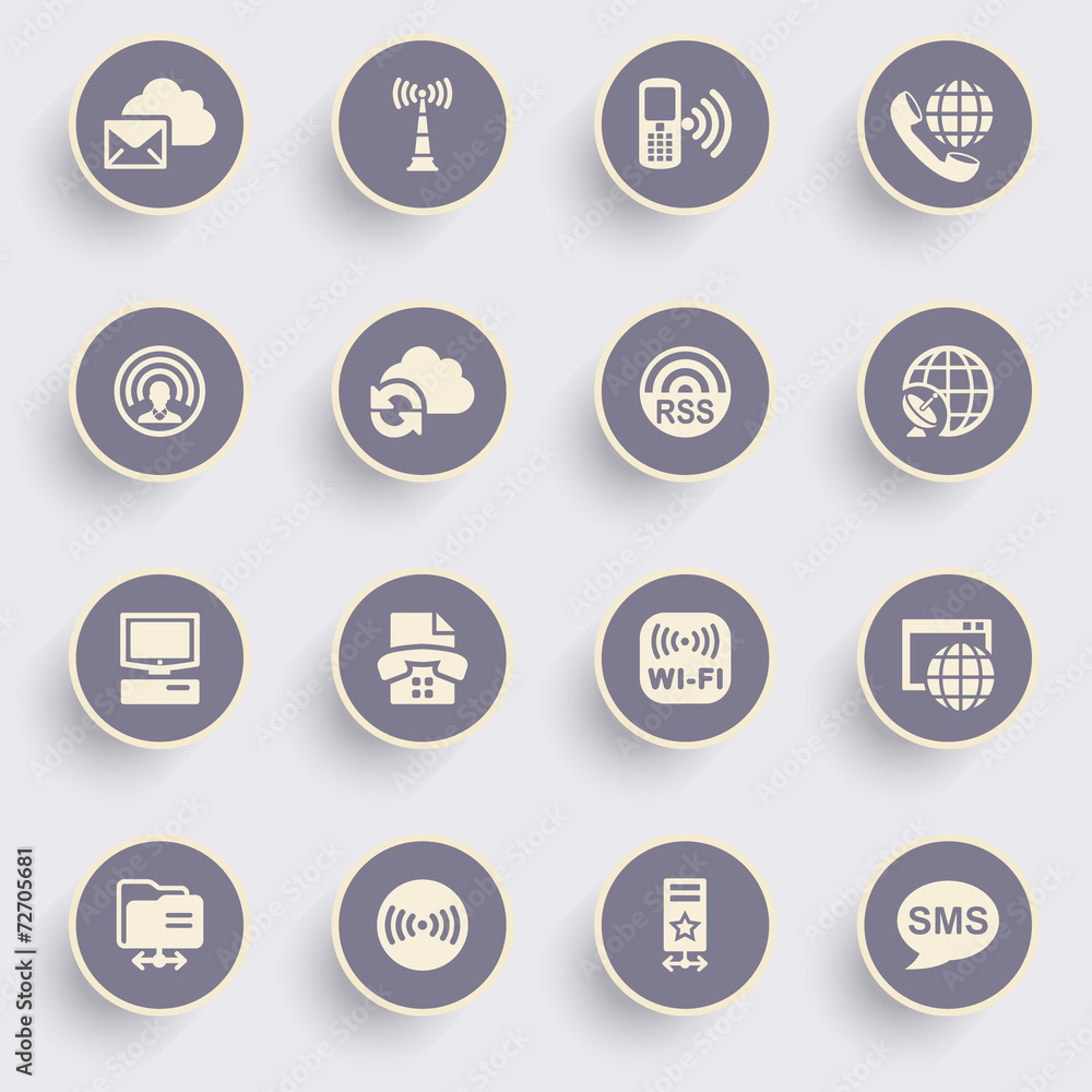 Communication icons with white buttons on gray background. Communication icons with white buttons on gray background.