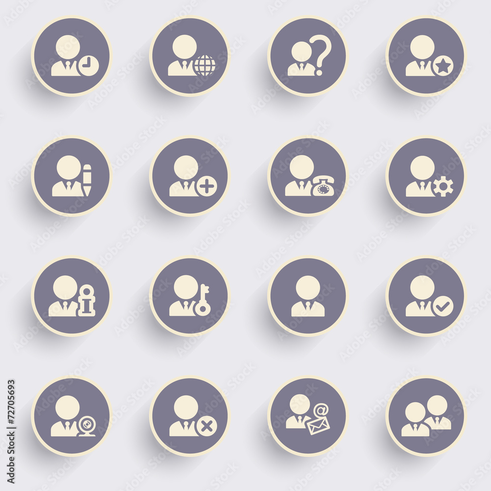 Users icons with white buttons on gray background. Users icons with white buttons on gray background.