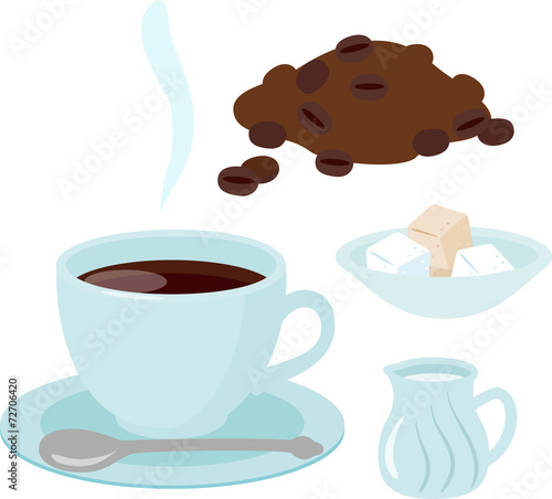 カップに入ったコーヒーとミルクと砂糖