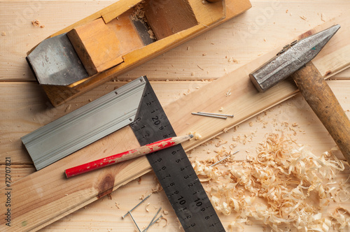 carpenter tools,hammer,meter, nails,shavings, and plane over