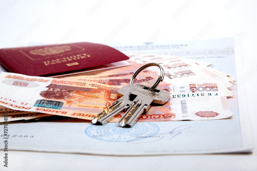 Keys, passport, money is lie on the certificate Keys, passport, money is lie on the certificate