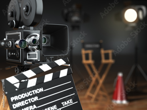 Video, movie, cinema concept. Retro camera, flash, clapperboard