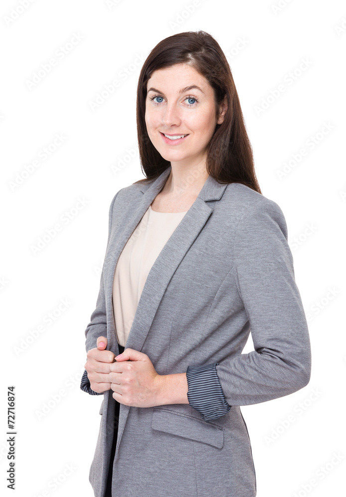 Businesswoman with two hand hold on collar Businesswoman with two hand hold on collar