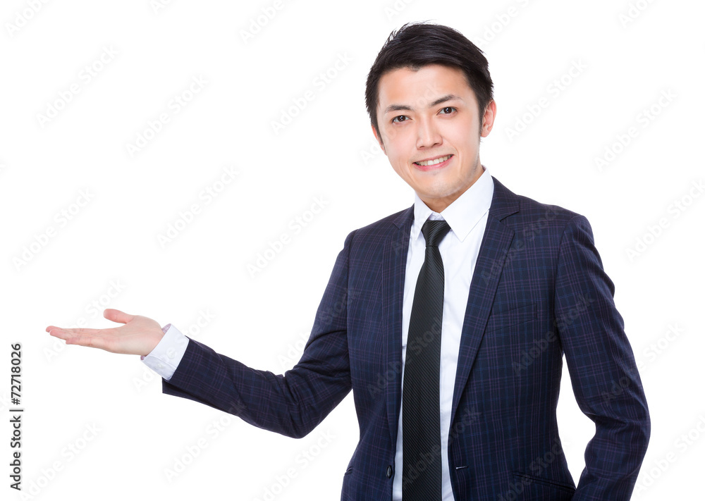 Businessman with hand show with blank sign Businessman with hand show with blank sign