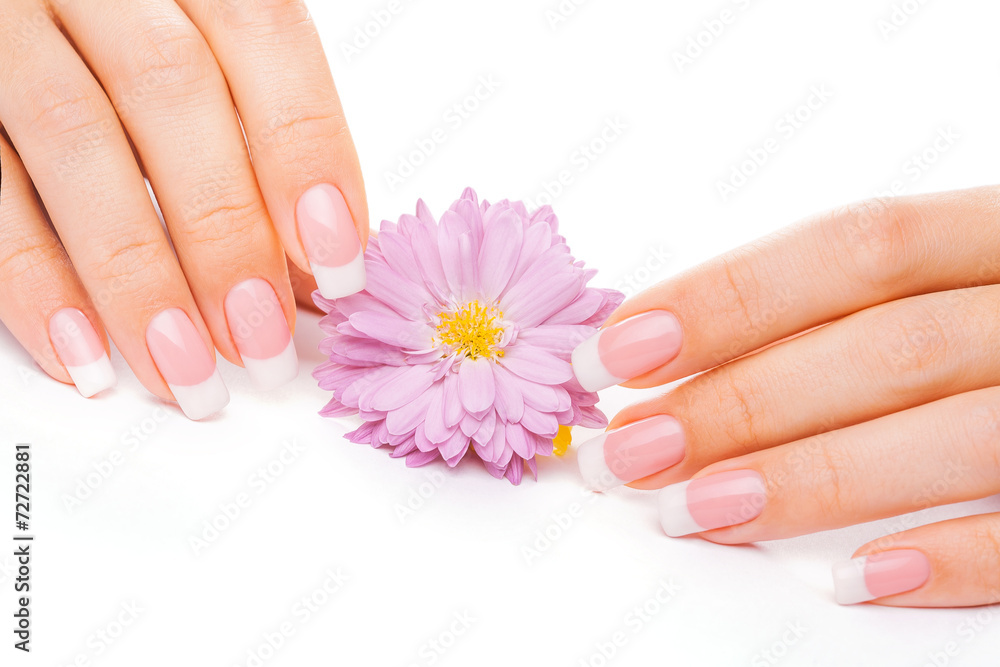 french manicure with chrysanthemum