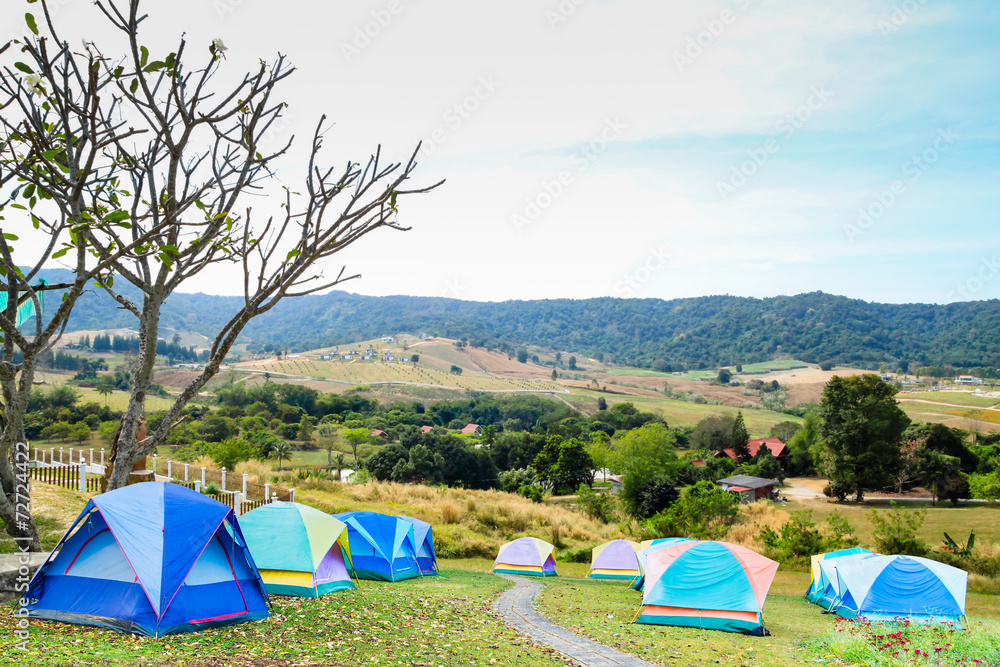 group of tourist tent on the hills